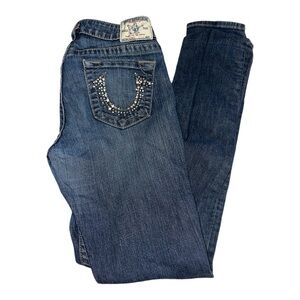 True Religion Dark Wash Skinny Low Rise Jeans Studded Back Pockets Women’s Sz 30